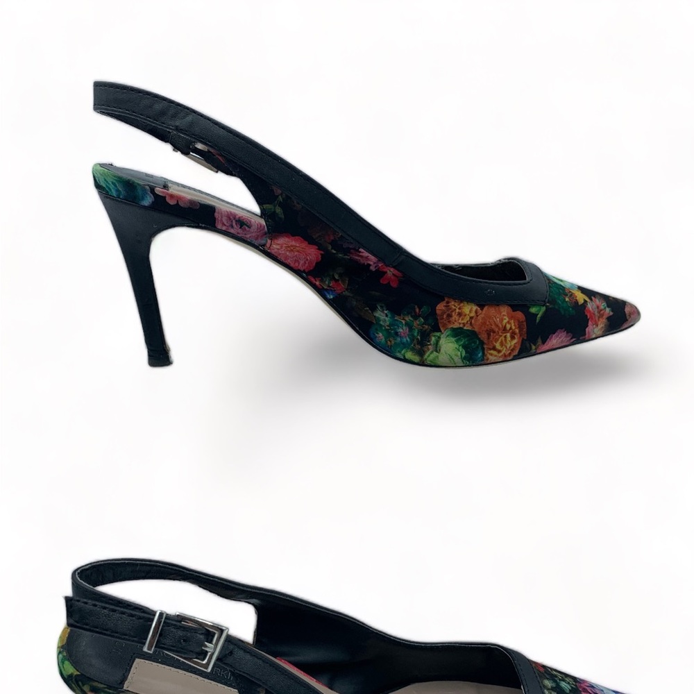Dorothy Perkins Black Floral Sling Back Shoes Stiletto Heels  Faux Leather UK 7 - Picture 13 of 13